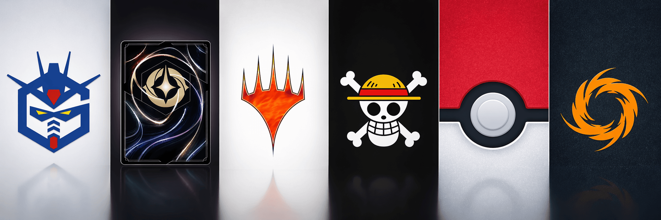Six vertical panels featuring logos for Gundam, Genshin Impact, Magic, One Piece, Pokémon, and Naruto.